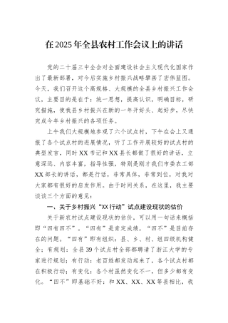 在2025年全县农村工作会议上的讲话