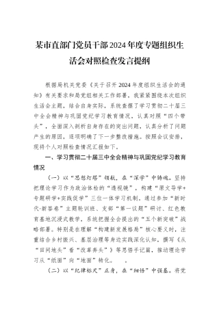 某市直部门党员干部2024年度专题组织生活会对照检查发言提纲