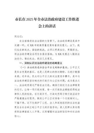 市长在2025年全市法治政府建设工作推进会上的讲话