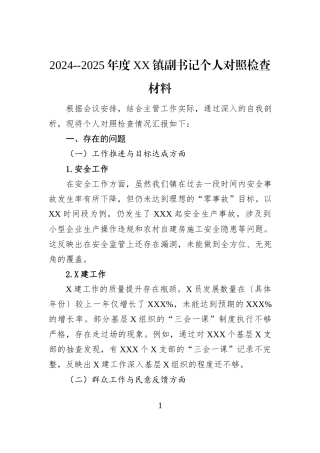 2024--2025年度XX镇副书记个人对照检查材料