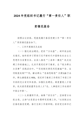 2024年党组织书记履行“第一责任人”职责情况报告