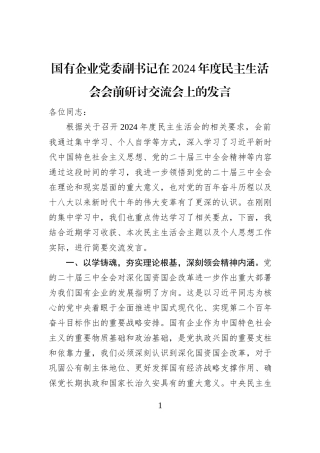 国有企业党委副书记在2024年度民主生活会会前研讨交流会上的发言
