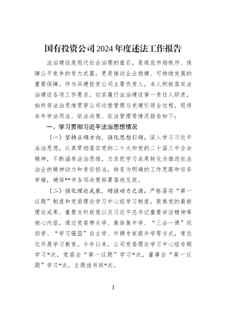 国有投资公司2024年度述法工作报告