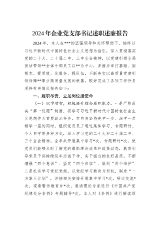 2024年企业党支部书记述职述廉报告