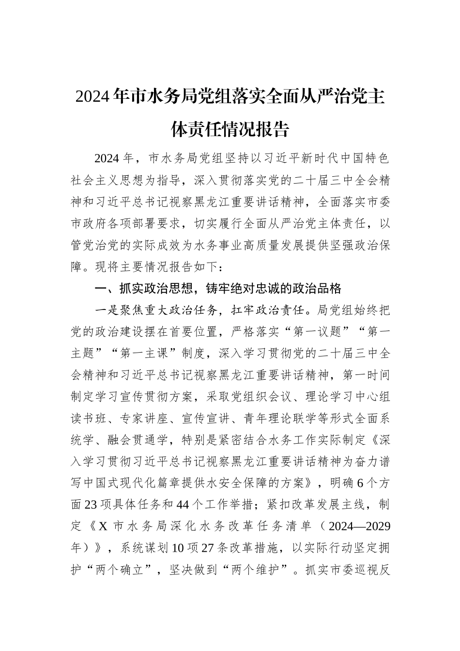 2024年市水务局党组落实全面从严治党主体责任情况报告_第1页