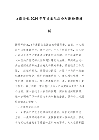 x副县长2024年度民主生活会对照检查材料