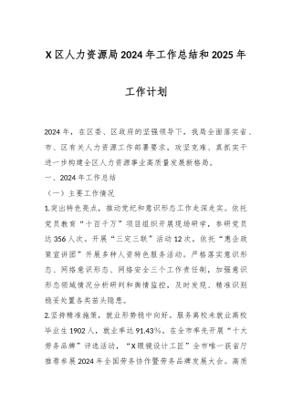 X区人力资源局2024年工作总结和2025年工作计划