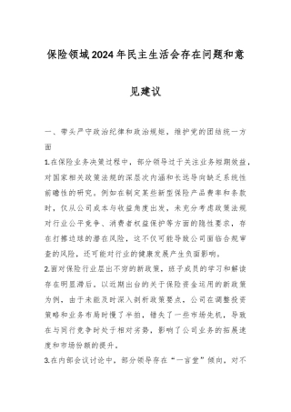 保险领域2024年民主生活会存在问题和意见建议