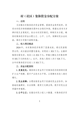 村（社区）集体资金分配方案