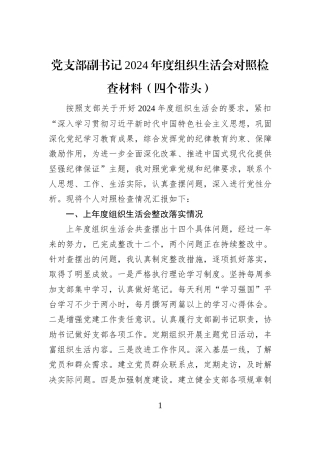 党支部副书记2024年度组织生活会对照检查材料（四个带头）