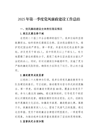 2025年第一季度党风廉政建设工作总结