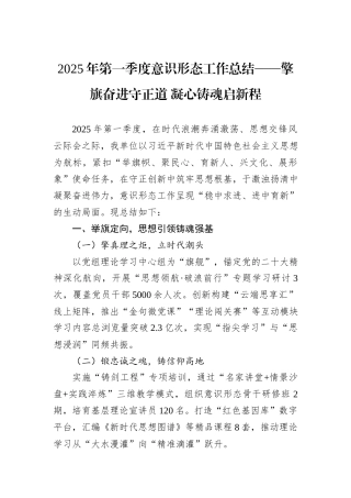 2025年第一季度意识形态工作总结——擎旗奋进守正道+凝心铸魂启新程