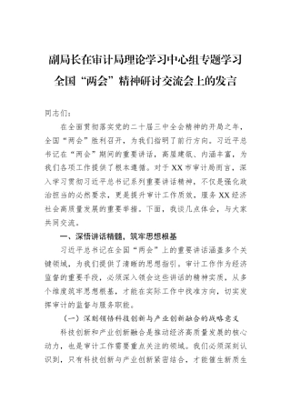 副局长在审计局理论学习中心组专题学习全国“两会”精神研讨交流会上的发言