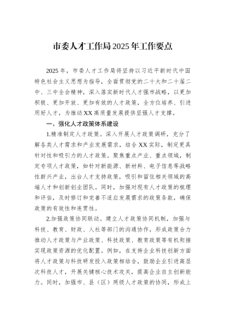 市委人才工作局2025年工作要点