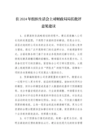 在2024年组织生活会上对财政局局长批评意见建议