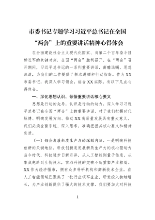 市委书记专题学习习近平总书记在全国“两会”上的重要讲话精神心得体会