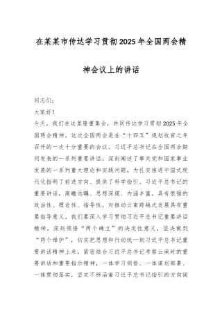 在某某市传达学习贯彻2025年全国两会精神会议上的讲话