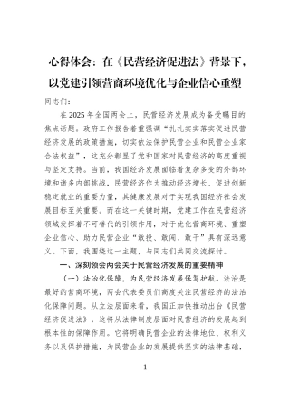 心得体会：在《民营经济促进法》背景下，以党建引领营商环境优化与企业信心重塑