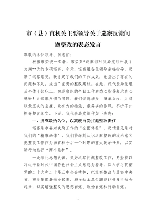 市（县）直机关主要领导关于巡察反馈问题整改的表态发言