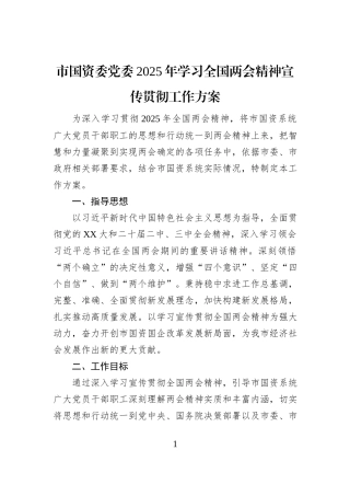 市国资委党委2025年学习全国两会精神宣传贯彻工作方案