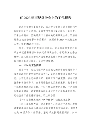 在2025年市纪委全会上的工作报告