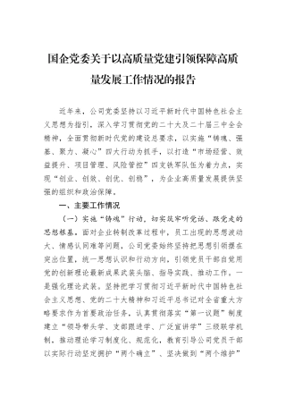 国企党委关于以高质量党建引领保障高质量发展工作情况的报告