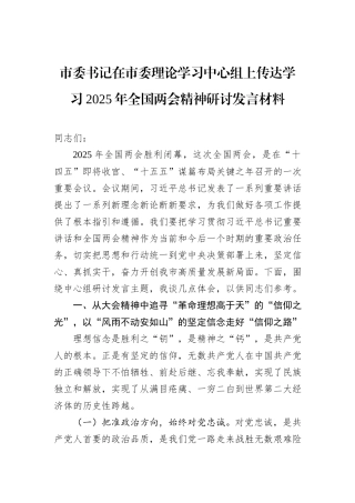 市委书记在市委理论学习中心组上传达学习2025年全国两会精神研讨发言材料