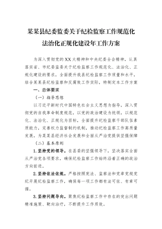 某某县纪委监委关于纪检监察工作规范化法治化正规化建设年工作方案