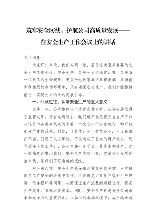 筑牢安全防线，护航公司高质量发展——在安全生产工作会议上的讲话