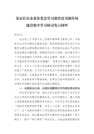 某市长在市委常委会学习教育读书班作风建设集中学习研讨发言材料