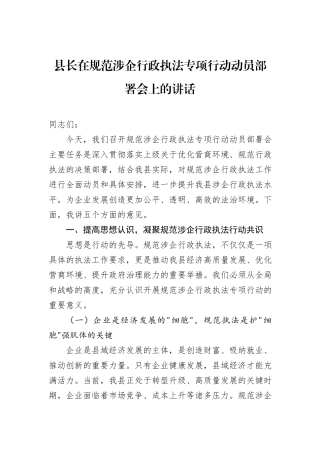 县长在规范涉企行政执法专项行动动员部署会上的讲话.docx