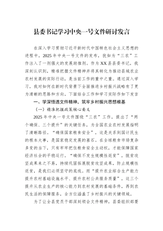 县委书记学习中央一号文件研讨发言.docx
