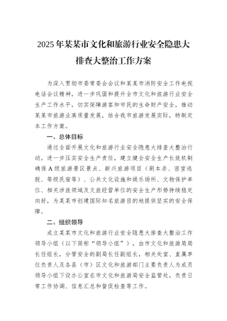2025年某某市文化和旅游行业安全隐患大排查大整治工作方案.docx