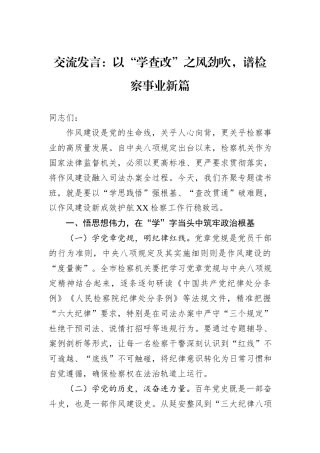 交流发言：以“学查改”之风劲吹，谱检察事业新篇.docx