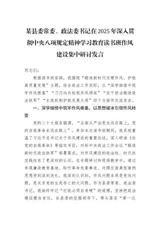 某县委常委、政法委书记在2025年深入贯彻中央八项规定精神学习教育读书班作风建设集中研讨发言.docx