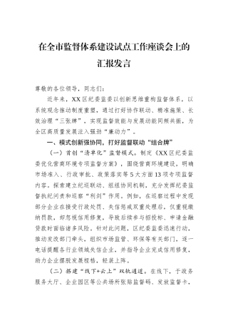 在全市监督体系建设试点工作座谈会上的汇报发言.docx