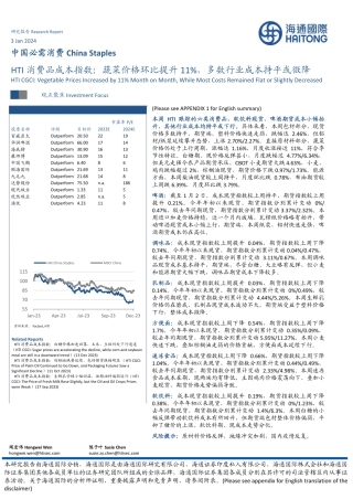 中国必需消费：HTI消费品成本指数：蔬菜价格环比提升11%，多数行业成本持平或微降-20240103-海通国际-16页.pdf