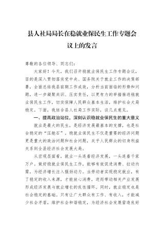 县人社局局长在稳就业保民生工作专题会议上的发言.docx