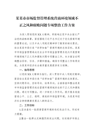 某某市市场监督管理系统营商环境领域不正之风和腐败问题专项整治工作方案.docx