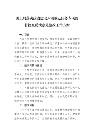 国土局落实政治建设六项重点任务专项监督检查反馈意见整改工作方案.docx