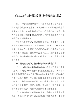 在2025年新任县委书记任职表态讲话.docx