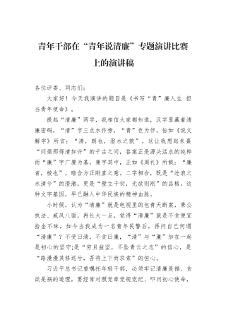 青年干部在“青年说清廉”专题演讲比赛上的演讲稿.docx