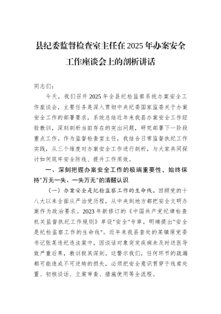 县纪委监督检查室主任在2025年办案安全工作座谈会上的剖析讲话.docx