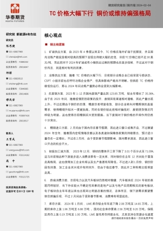 铜月报：TC价格大幅下行 铜价或维持偏强格局-20240204-华泰期货-20页.pdf