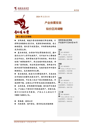 铅月报：产业供需双弱 铅价区间调整-20240205-金源期货-17页.pdf