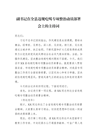 副书记在全县违规吃喝专项整治动员部署会上的主持词.docx