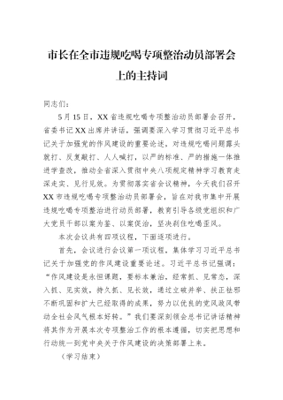市长在全市违规吃喝专项整治动员部署会上的主持词.docx