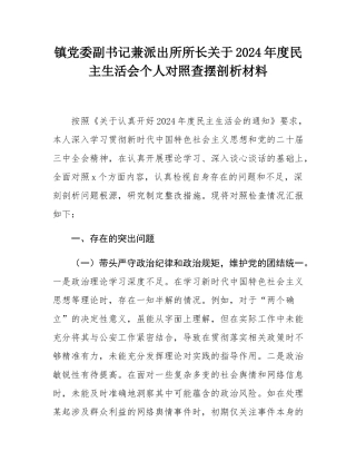 镇党委副书记兼派出所所长关于2024年度民主SH会个人对照查摆剖析材料.docx