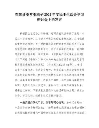 在某县委常委班子2024年度民主SH会学习研讨会上的发言.docx