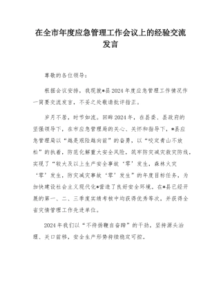 在全市年度应急管理工作会议上的经验交流发言.docx